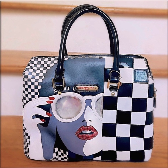 Nicole Lee USA Lady in Sunglasses Dome Handbag Black Patent Checkered Purse - Picture 1 of 15